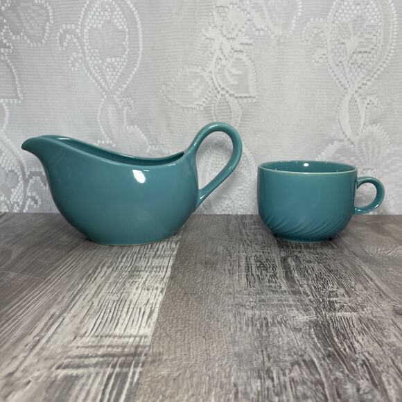 Mervyns Japan Gravy Boat Dish Teal Blue & Small Cup Mug Vintage - Picture 4 of 16
